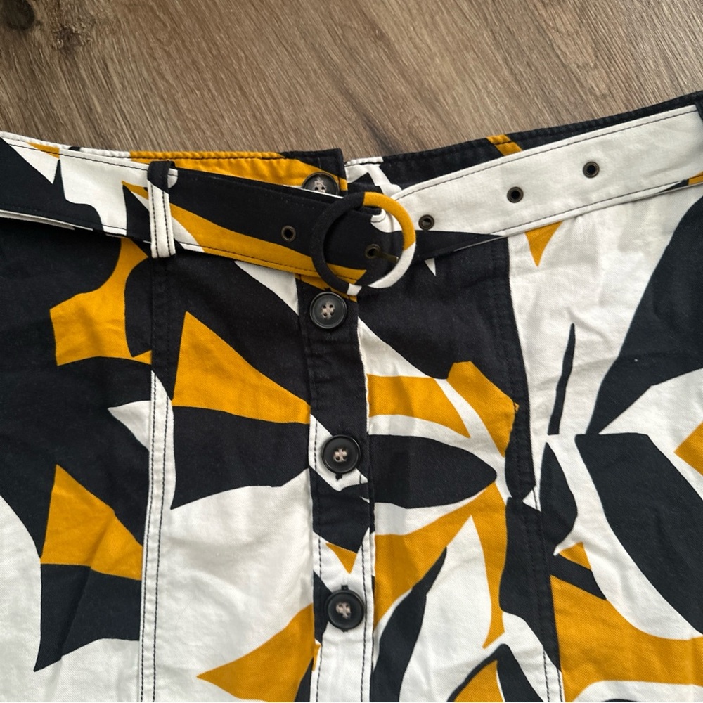 Nine West Skirt Large Button Front Belted A Line Floral Black White Yellow - Picture 3 of 7